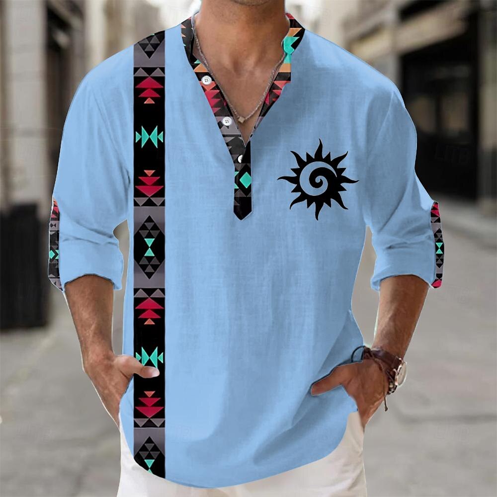 Men's Shirt Button Up Shirt Long Sleeve Tribal Fashion Casual Vacation Causal Casual Summer Spring & Fall Stand Collar Buttons Print White Yellow Blue Gray 2025 - $24.99 –P5