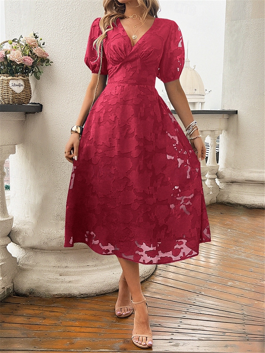 Dames Kanten jurk Halflange jurk Kant Lapwerk Feest Bruiloft gast Cocktailparty Elegant Streetwear V-hals Korte mouw Zwart Rood Marineblauw Kleur 2025 - $42.99 -P8
