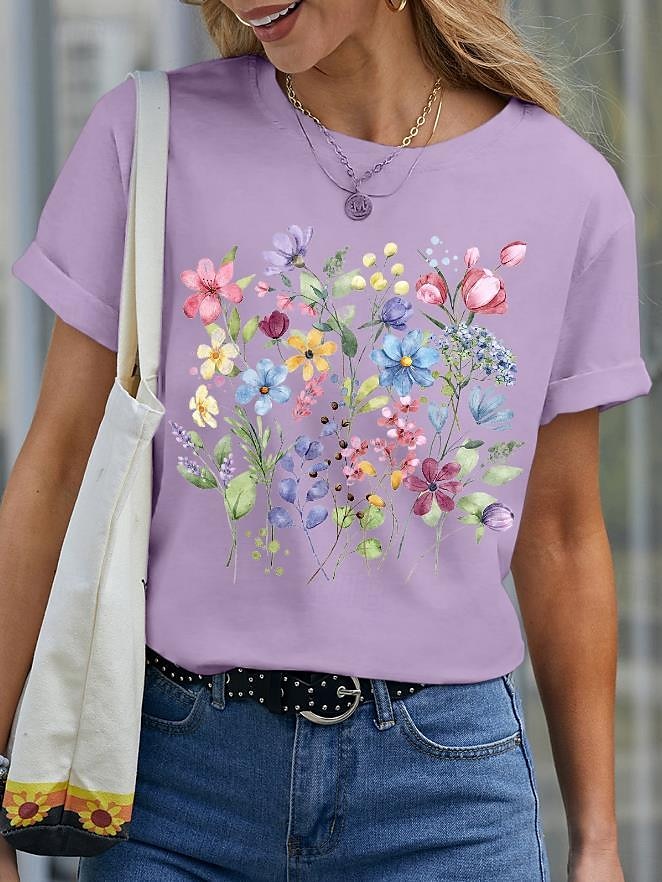 Damen T Shirt Blumen Basic Lässig Kurzarm Rundhalsausschnitt Normale Oberteile Täglich Druck Schwarz Weiß Blau Purpur Sommer 2025 - RON 104.99 –P3