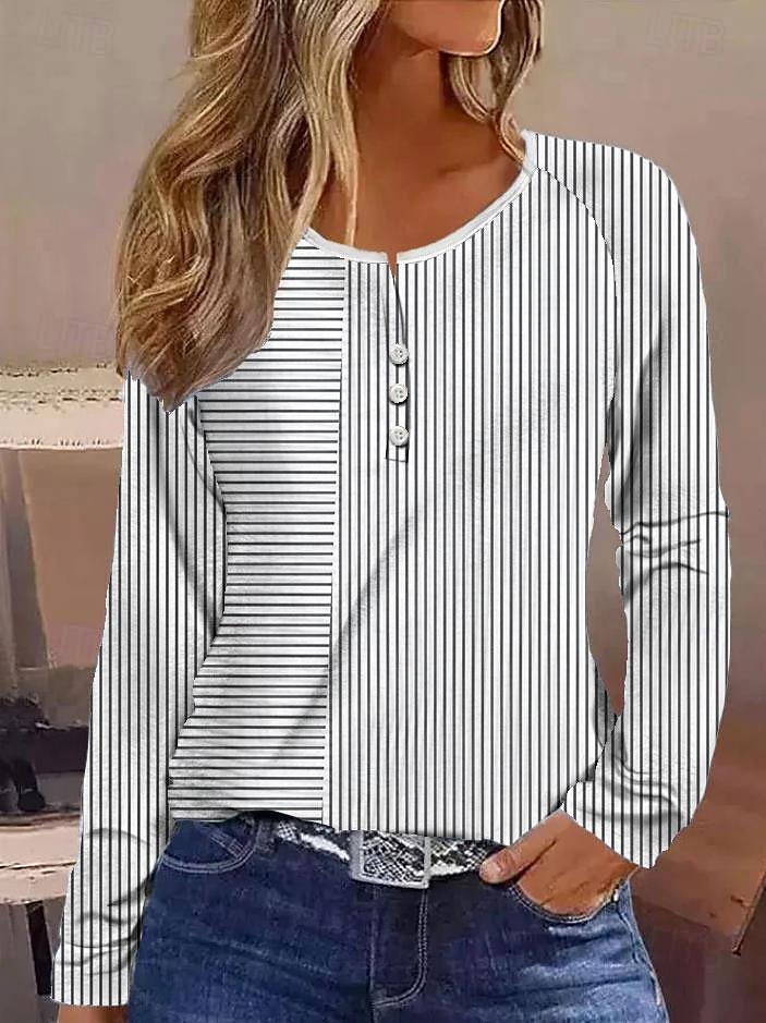 Tricou pentru femei cu Dungi Zilnic Casual Mâneci Lungi Gât în V Cămașă Regula Zilnic Sărbătoare Butoane Roz Roșu Gri Primăvară Toamnă Iarnă 2025 - $24.99 –P1
