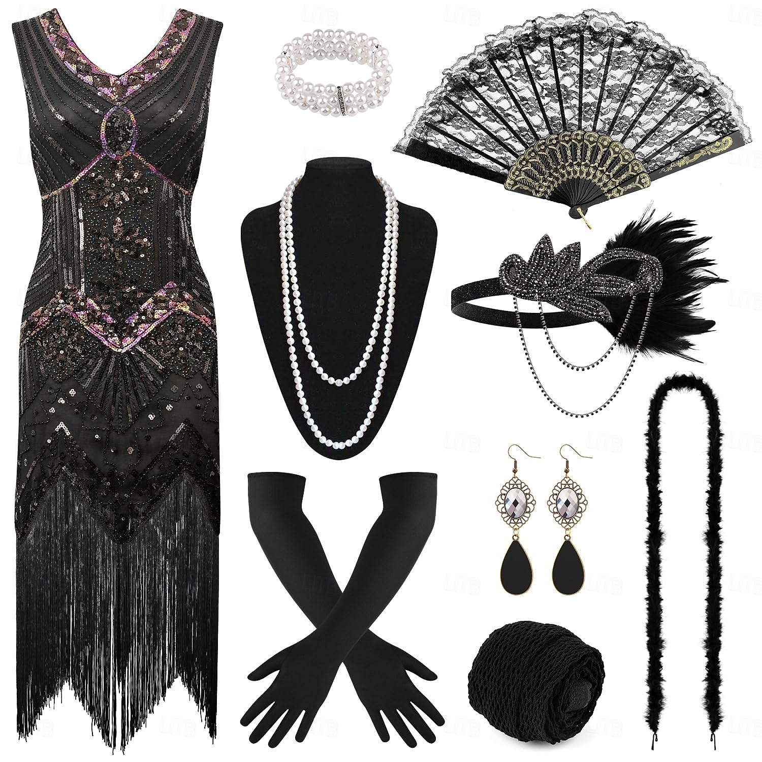 Set Anni Ruggenti Anni 1920 Lunghezza al ginocchio Vestito Abito Flapper Abiti con accessori Senza maniche Il grande Gatsby Charleston Invitato al matrimonio Paillettes Frangia con nappe Piuma Scollo del 2026 a $77.99 –P2