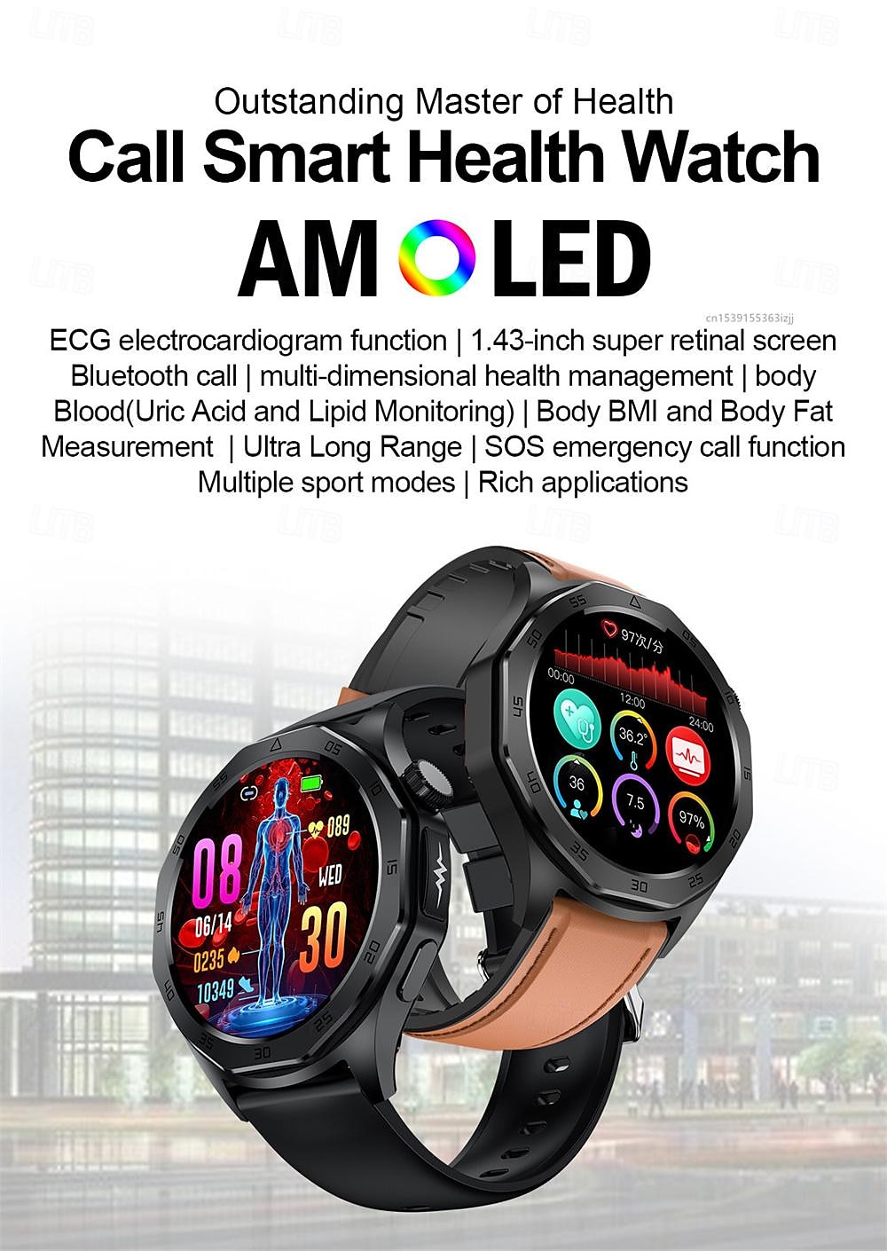 E480 Умные часы 1.43 дюймовый Смарт Часы Bluetooth ЭКГ + PPG Контроль температуры Педометр Совместим с Android iOS Женский Мужчины Длительное время ожидания Хендс-фри звонки Водонепроницаемый IP 67 2025 - $76.99 –P1