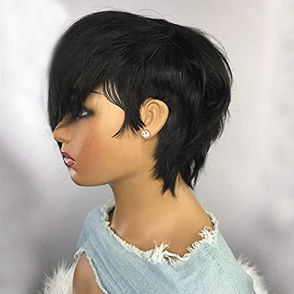 Pelucas de corte pixie con flequillo, peluca bob corta, cabello humano para mujeres negras, pelucas cortas con corte pixie, pelucas sin encaje frontal, peluca completa sin pegamento hecha a máquina 2025 - $47.99 –P3