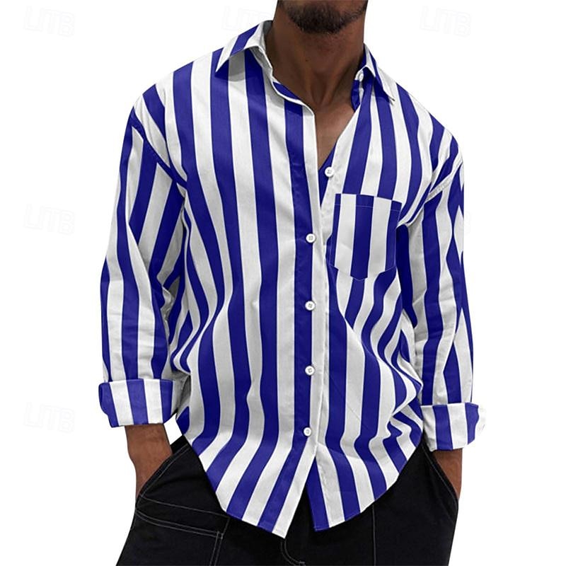Voor heren Overhemd Zomer overhemd Normaal shirt Strand hemd Overhemd met knopen Gestreepte shirts Zwart Geel Lichtgroen Blozend Roze Koningsblauw Lange mouw Gestreept Revers Vakantie Hawaii 2025 - $22.99 –P1