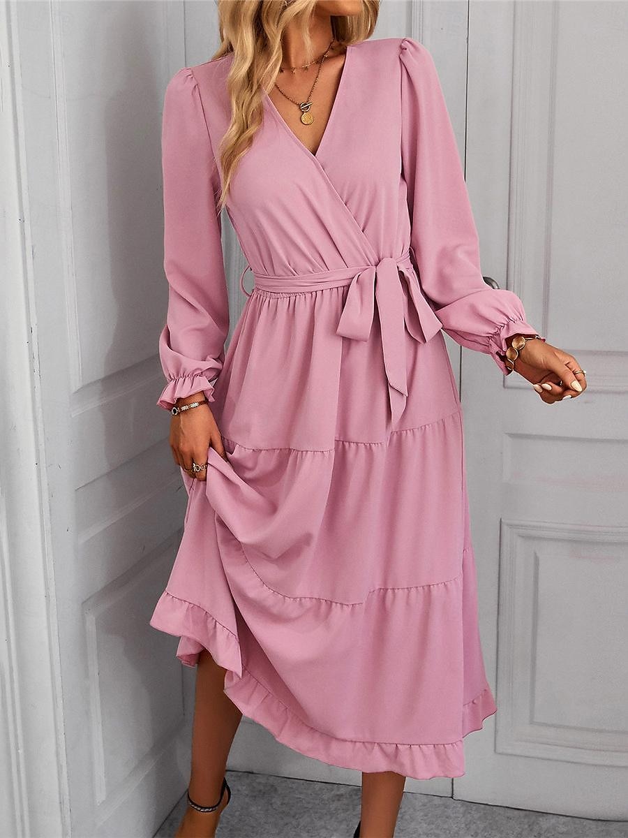 Damen Casual kleid Maxidress mit Schnürung Rüsche Verabredung Urlaub Elegant Strassenmode V Ausschnitt Langarm Schwarz Rosa Dunkelgrün Farbe 2025 - $39.99 –P1