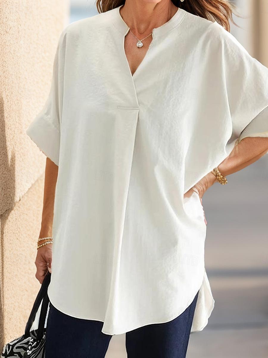 damebluse elegant stilig ensfarget rynket flaggermus-erm 3/4 lengde erme med hakk i halsen arbeid daglig hvit marineblå brun brun grønn sommer vår høst 2025 - $26.99 –P3