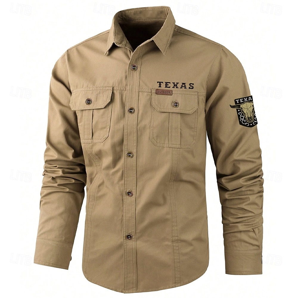 Men's Texas Cow Print Work Shirt Western Shirt Cargo Shirt Long Sleeve Casual Tactical Sports & Outdoor Going out Winter Spring &  Fall Turndown Print Black Army Green Khaki Beige 2026 - $29.99 –P3