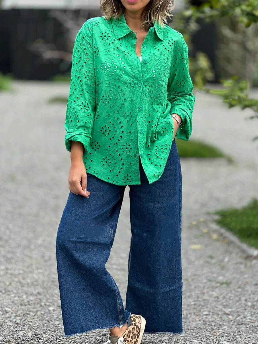 dames blouse stijlvol effen kleur uitgehold lange mouw normale tops overhemdkraag dagelijks wit rood paars groen lente herfst 2025 - $39.99 –P3