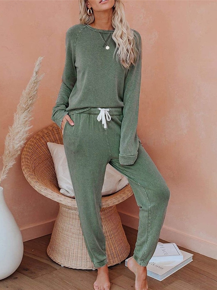 pyjamasset för kvinnor ren färg mode grundläggande komfort hem daglig säng andas rund hals långärmad byxficka resår midja höst vinter hem outfits 2025 - $36.99 –P10