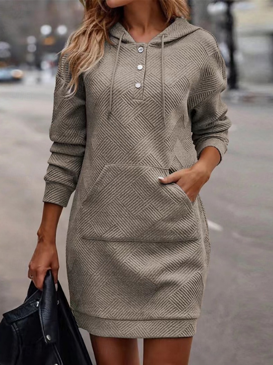 Women's Shift Dress Midi Dress Drawstring Casual Crew Neck Long Sleeve Black Khaki Beige Color 2025 - $35.99 –P4