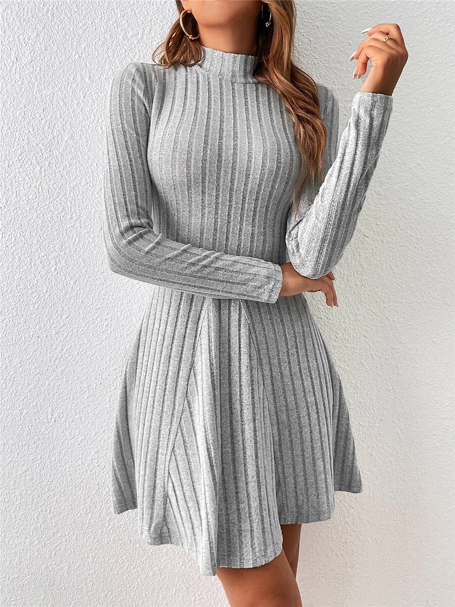 Damen Strickkleid Minikleid Gerippt Verabredung Strassenmode Basic Ständer Langarm Grau Farbe 2025 - $28.99 –P1