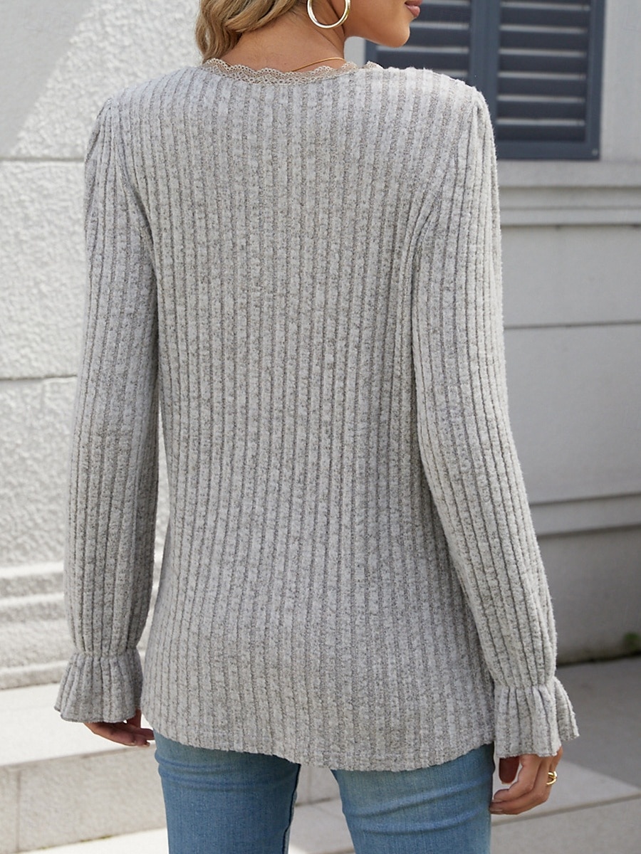 damebluse stilig moderne ensfarget blonder patchwork klokkeermet lange ermer vanlige topper v-halsarbeid daglig rød blå lys grå høst vinter 2025 - $26.99 –P5