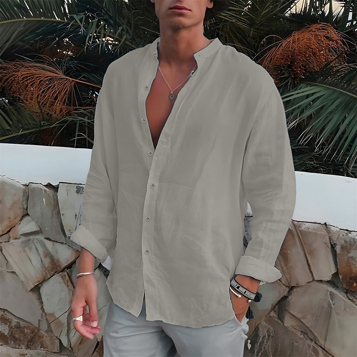 Per uomo Camicia Camicia con colletto a fascia Camicia estiva Abbigliamento mare Camicia con bottoni Liscio Esterno Da mare Nero Bianco Blu Verde Manica lunga Collo ripiegabile Primavera & Autunno del 2025 a $23.99 –P5