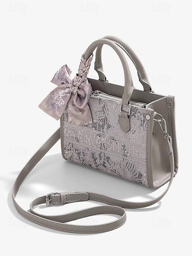 elegante borsa da donna in argento con stampa floreale in rilievo e fiocco oversize | borsa a tracolla versatile per eventi serali e uso quotidiano del 2025 a $26.99 –P1
