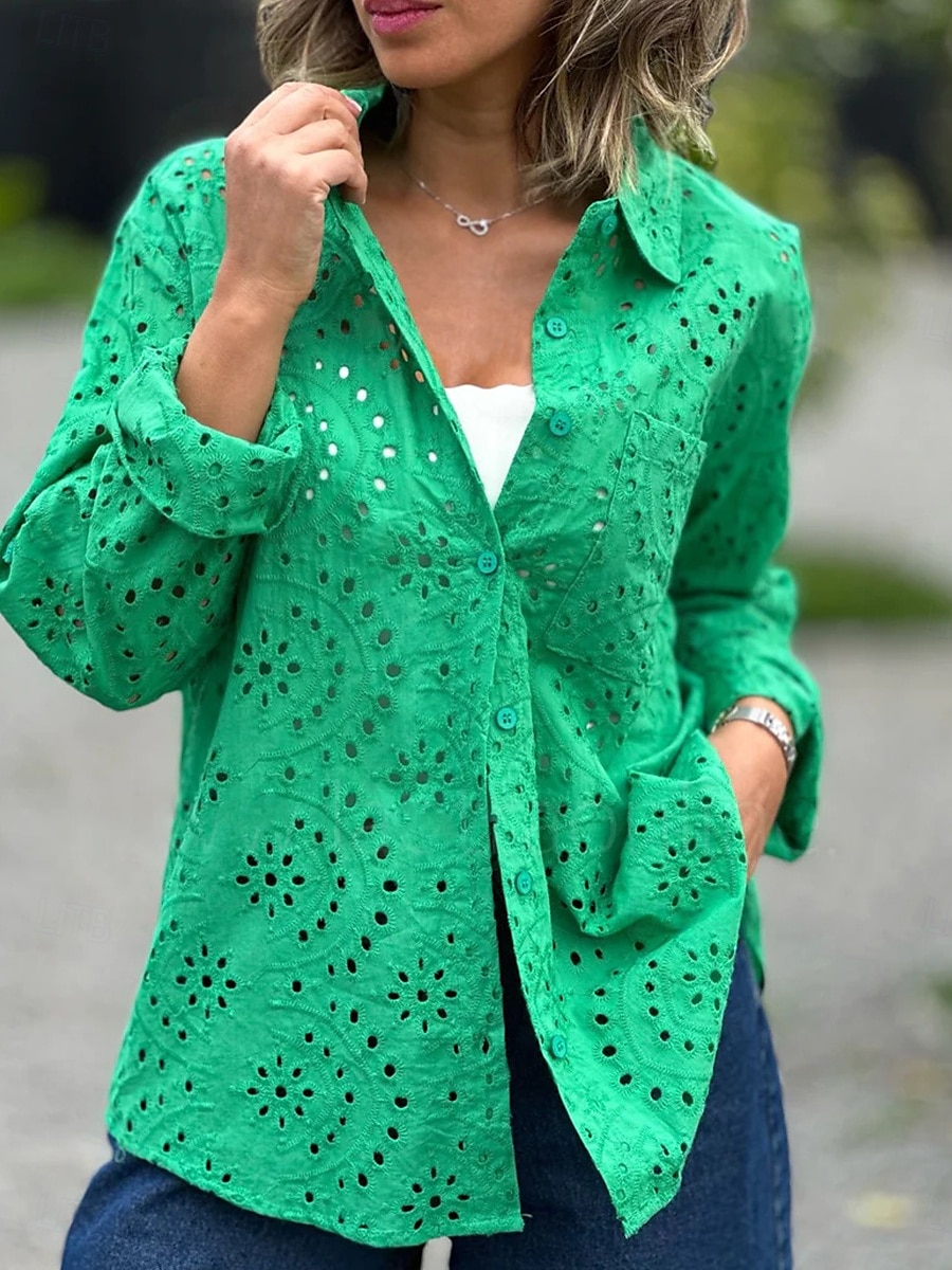 dames blouse stijlvol effen kleur uitgehold lange mouw normale tops overhemdkraag dagelijks wit rood paars groen lente herfst 2025 - $39.99 –P1