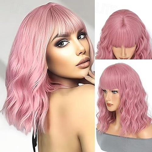 peruca curta bob com franja para mulheres peruca bob solta cacheada perucas sintéticas bob onduladas, peruca bob com ondas de água de aparência natural perucas na altura dos ombros de 2025 por $18.99 –P3