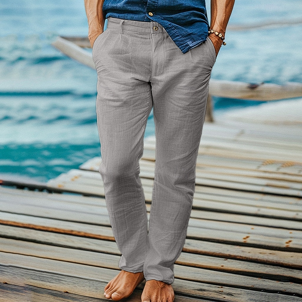 2025年 男性用 リネンパンツ ズボン スーツ サマーパンツ ビーチパンツ フロントポケット まっすぐな足 平織り 履き心地よい 高通気性 全長 フォーマル ビジネス 祝日 ファッション ベーシック ブラック ホワイト 伸縮性なし  コレクション – $27.99 –P6