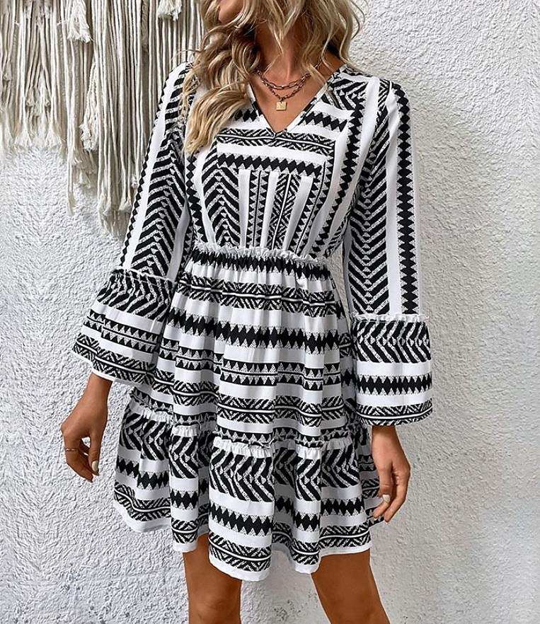 abito midi da donna con stampa geometrica e scollo a V, manica a 3/4, primavera autunno del 2025 a $39.99 –P1