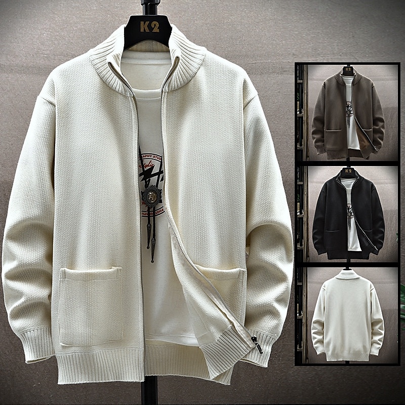 Men's Cropped Sweater Cardigan Sweater Zip Sweater Knit Sweater Ribbed Knit Regular Side Pockets Fleece Solid Color Stand Collar Fashion Classic Daily Wear Date Clothing Apparel Fall & Winter Black 2025 - $35.99 –P1