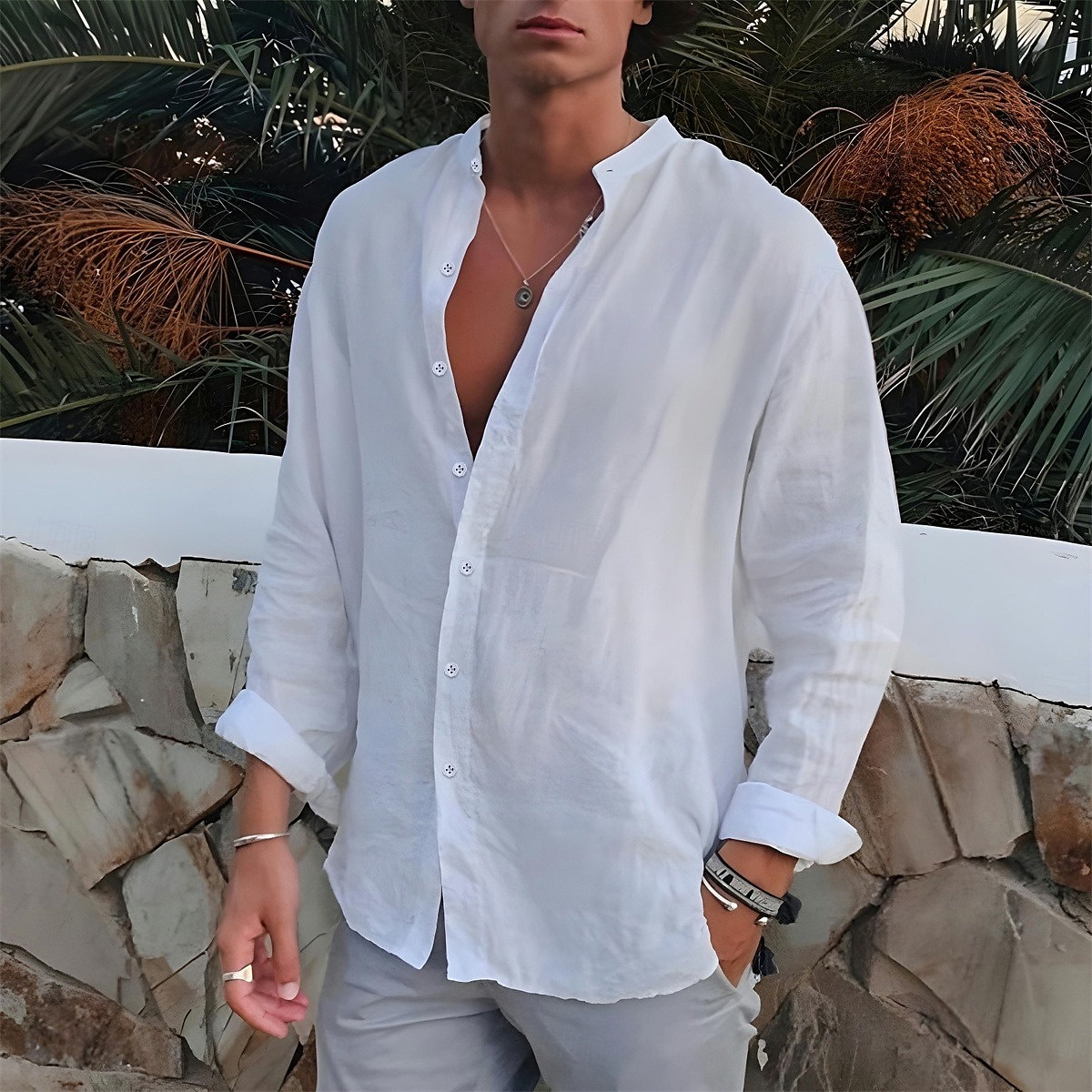 Per uomo Camicia Camicia con colletto a fascia Camicia estiva Abbigliamento mare Camicia con bottoni Liscio Esterno Da mare Nero Bianco Blu Verde Manica lunga Collo ripiegabile Primavera & Autunno del 2025 a $23.99 –P6