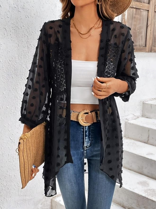 Women's Shirt Elegant Ladies Solid Color Eyelet Asymmetric Hem Long Sleeve V Neck Daily Black White Spring Fall Winter 2025 - $38.99 –P4