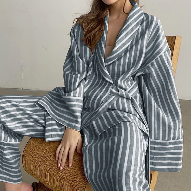 camicie stampate da donna&amp;abiti da notte - abiti da casa a righe in poliestere del 2025 a $43.99 –P3