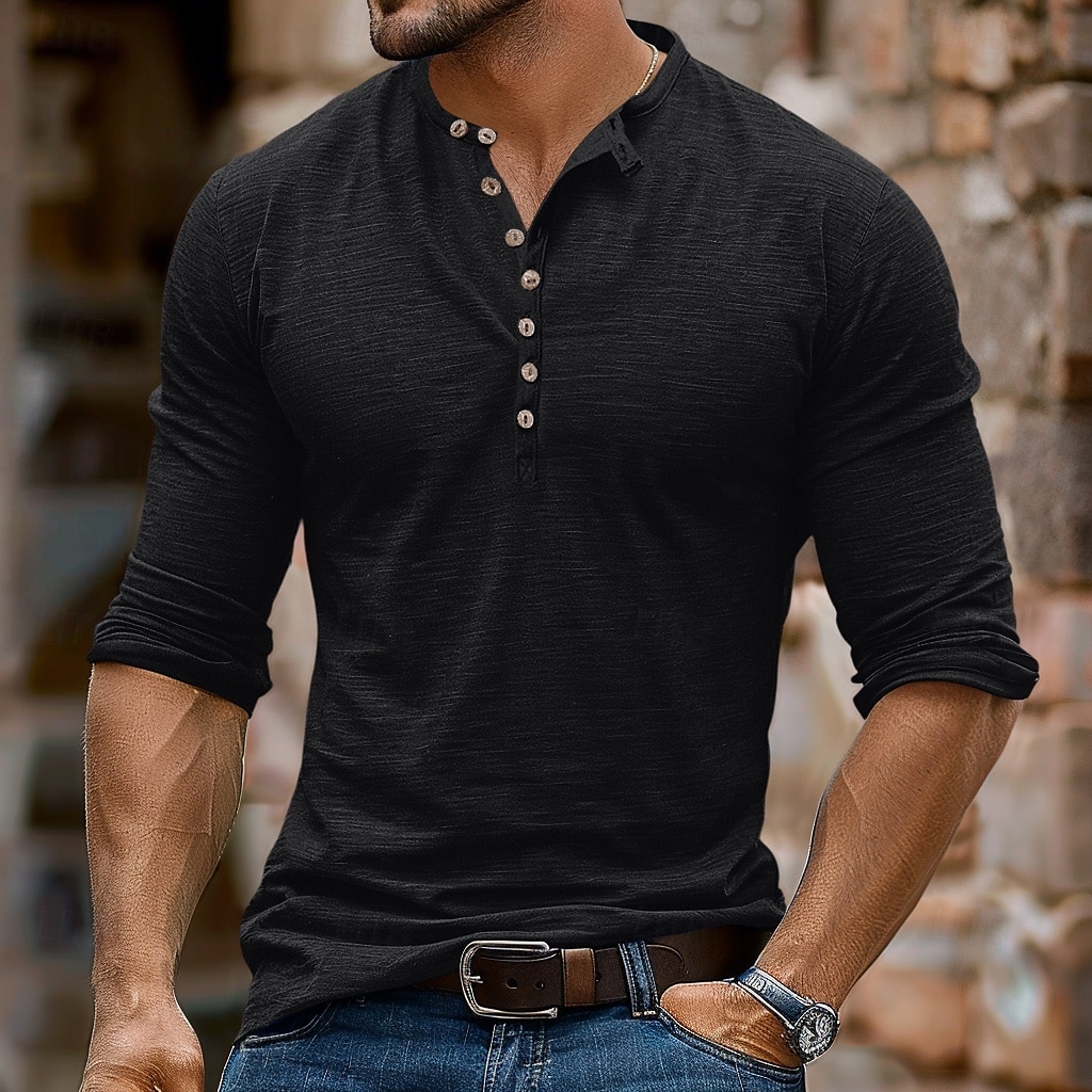 Bărbați Cămașă Henley Tee Top Tricou cu maneca lunga Manșon Lung Culoare solidă Modă Zilnic Nasturi Henley În aer liber Casual Vară Maro Închis Gri Închis Roșu Închis Tricou Henley 2025 - $23.99 –P14