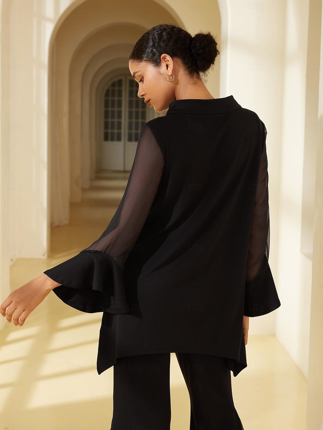 Damenbluse für Hochzeitsgäste, Partys, schwarz, hoher Halsausschnitt, Chiffon, Modal, Patchwork, ausgestellte Manschetten, schmale Passform, elastisch, elegant, lässig, Bürokleidung 2025 - $52.99 –P2