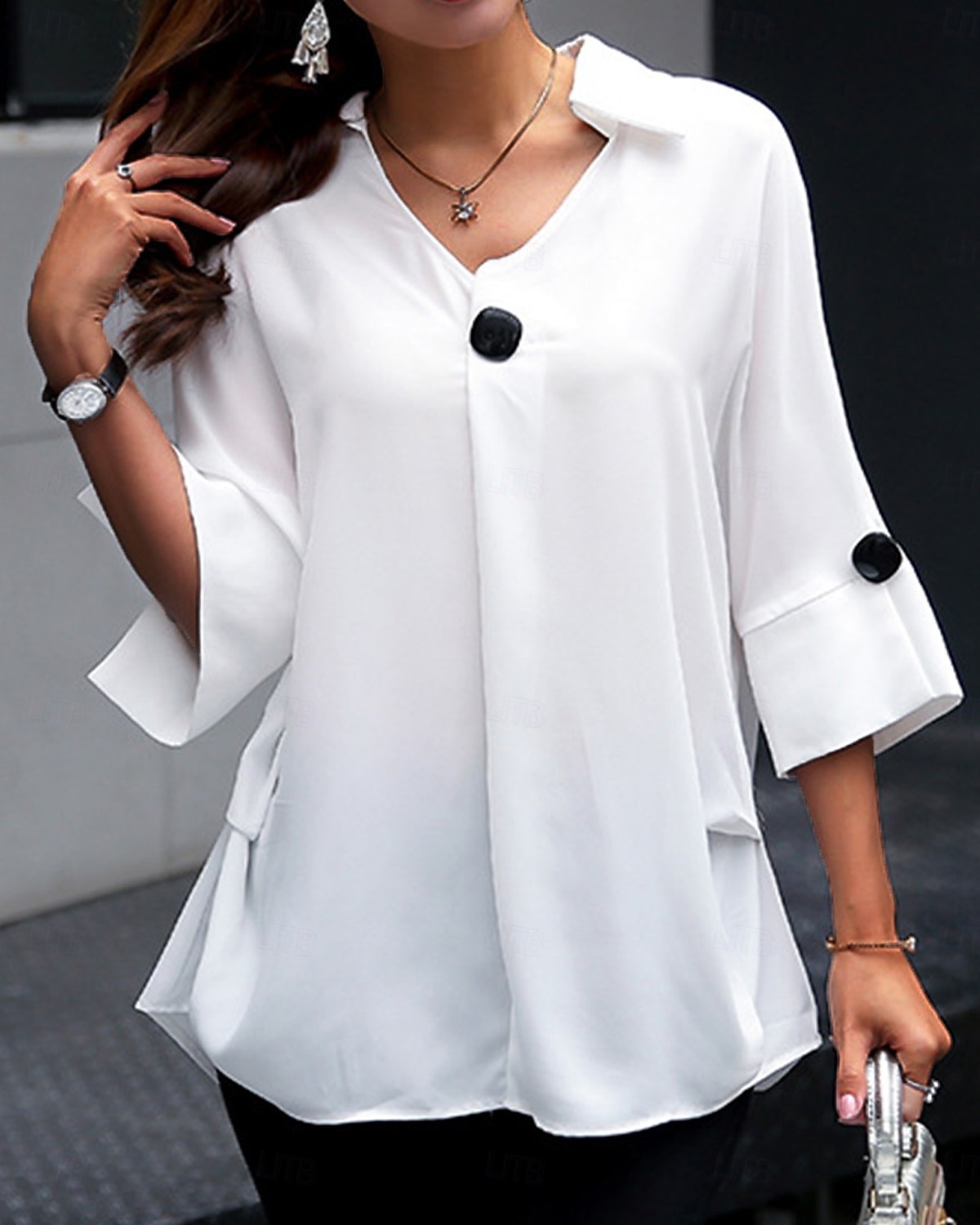 Damen Bluse stylisch modern Halbarm Hemdkragen Arbeit schwarz weiß blau Frühling Herbst 2025 - $39.99 –P4