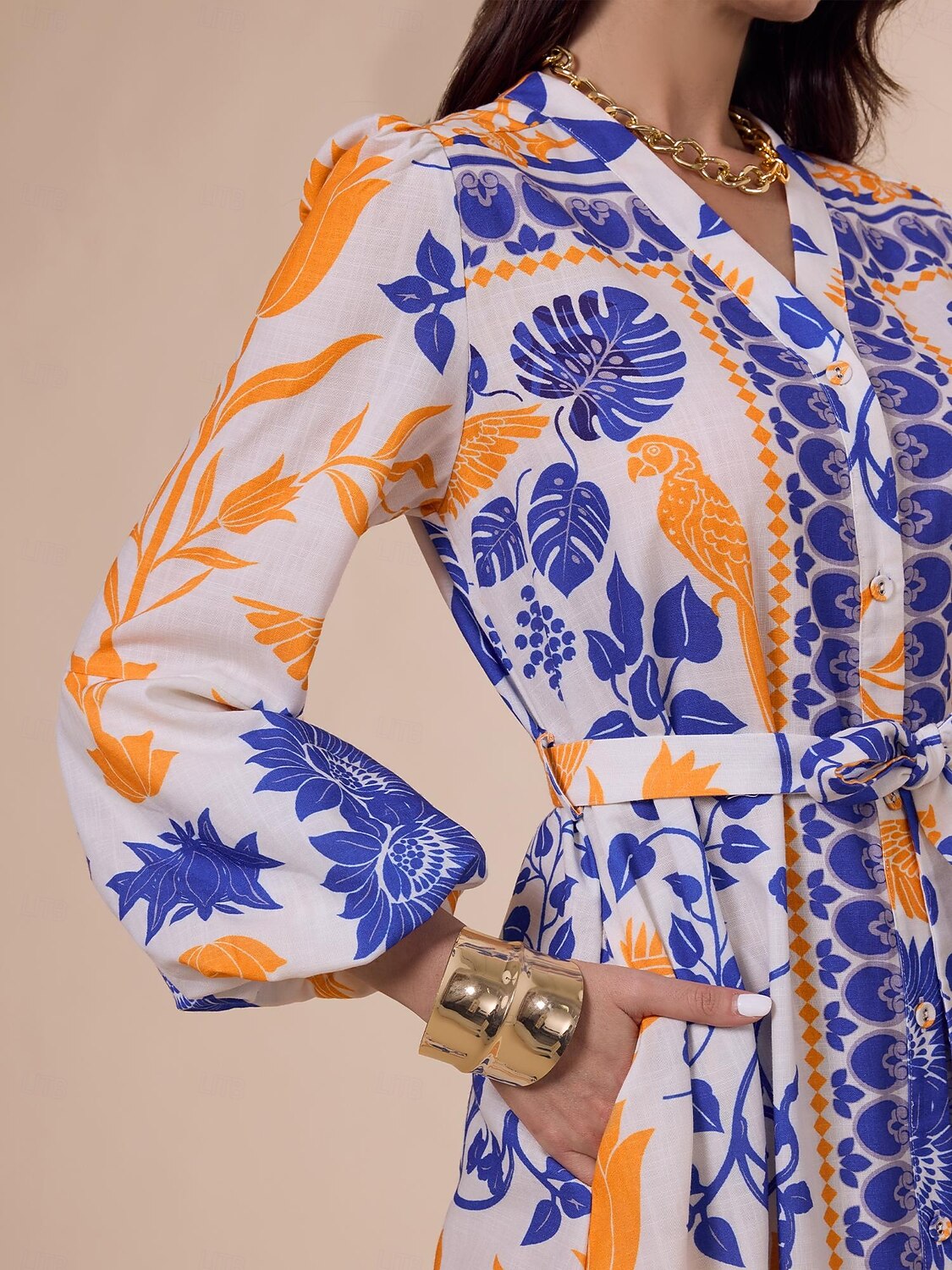 Vestido largo bohemio con escote en V, mangas farol y cinturón botánico 2025 - $114.99 –P3