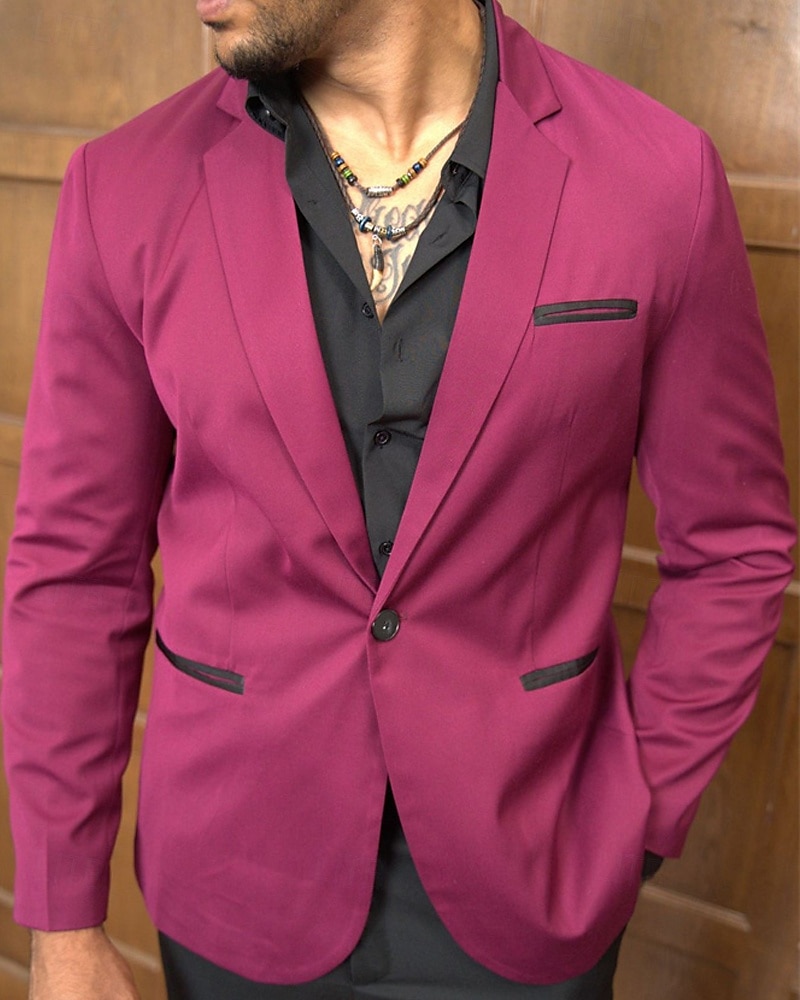Herr Kavaj Företag Cocktailfest Bröllopsfest Mode Ledigt Vår & Höst 65% bomull Färgblock Knapp Ficka Bekväm Enkelknäppt Blazer Vinröd 2025 - $57.99 –P1