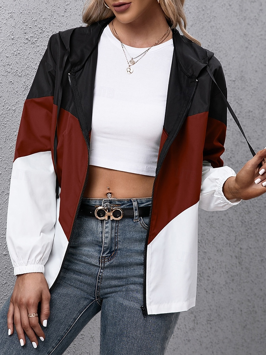 Women's Hoodied Jacket Dailywear Patchwork Multi Color Windproof Vintage Loose Fit Outerwear Long Sleeve Summer claret S 2025 - $46.99 –P4