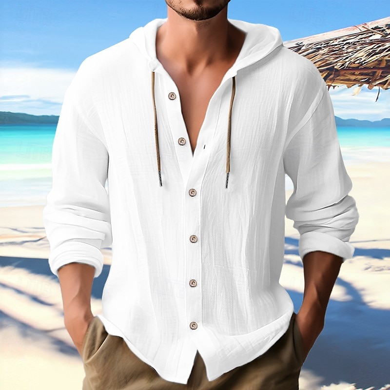 Men's Shirt Linen Shirt Calico Shirt Beach Wear Button Up Shirt Hooded Shirt Plain Casual Daily Black White Blue Green Long Sleeve Hooded Spring & Summer Clothing Apparel Buttons 2025 - $31.99 –P6