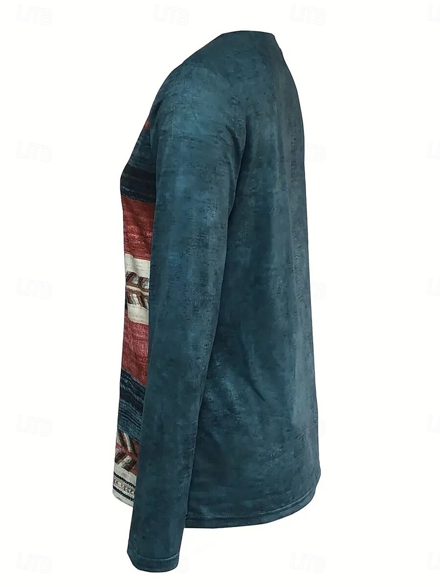 dámské tričko vintage etnický potisk s dlouhým rukávem běžné topy v krku dovolená denně modrá jaro podzim 2025 - $23.99 –P3