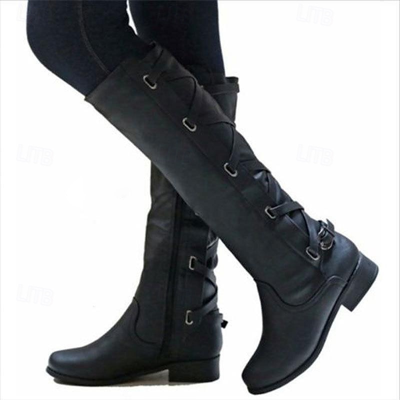 Botas de moto negras para mujer con cordones laterales y detalle de hebilla: elegantes botas de montar hasta la rodilla 2025 - $54.99 –P2