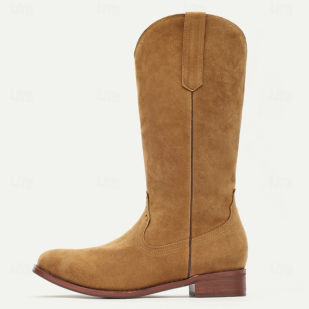 pánské hnědé semišové westernové kovbojské boty se stahovacími poutky a klasickým prošíváním - boty do půli lýtek ve vintage stylu 2025 - $54.99 –P1