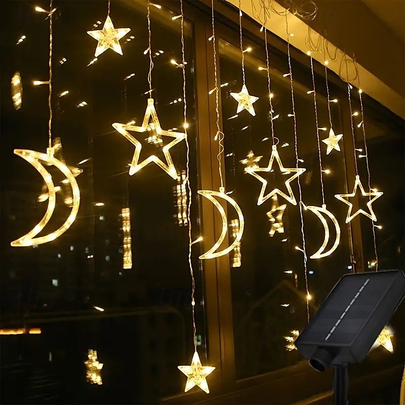 Rideau lumineux en forme d'étoile et de lune avec télécommande, 3,5 m, 138 LED, 8 modes, pour mariage, fête de Noël, extérieur, étanche, pour tente, chambre à coucher, salon, balcon, fenêtre, de 2025 ? $55.99 –P1