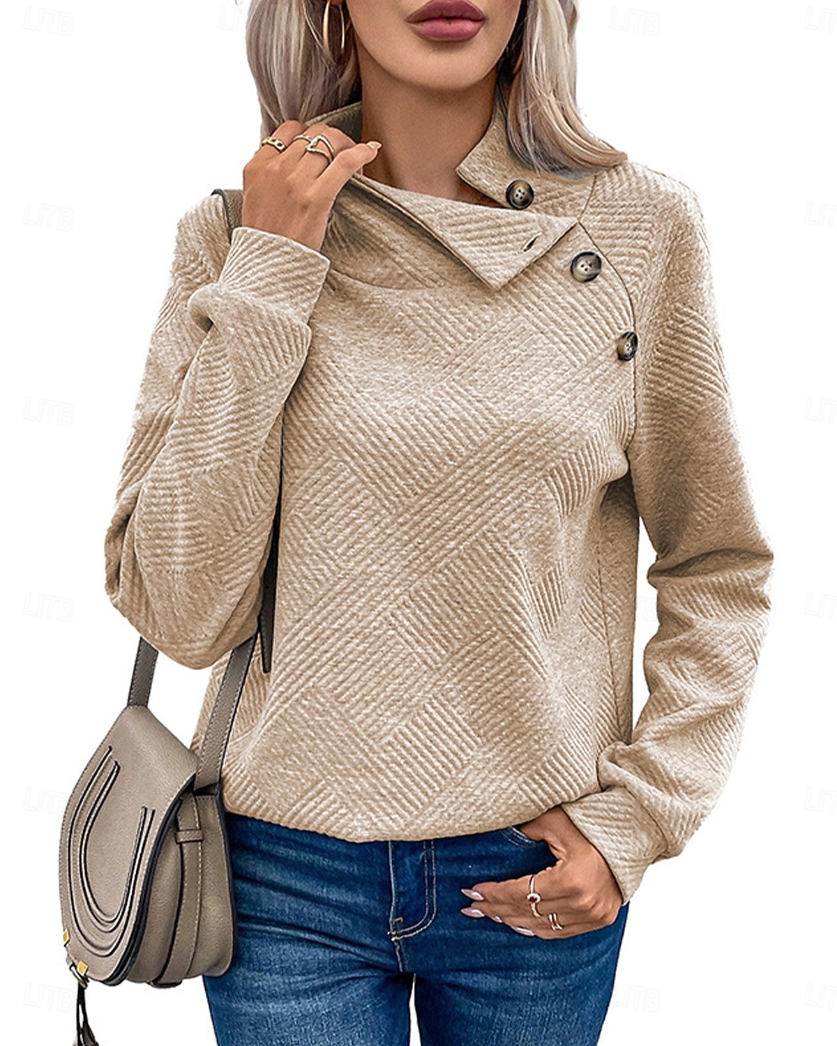 designergenser for kvinner mote moderne ensfarget jobb med turtleneck knapper løs passform langermet svart beige grå høst vinter 2025 - $35.99 –P4