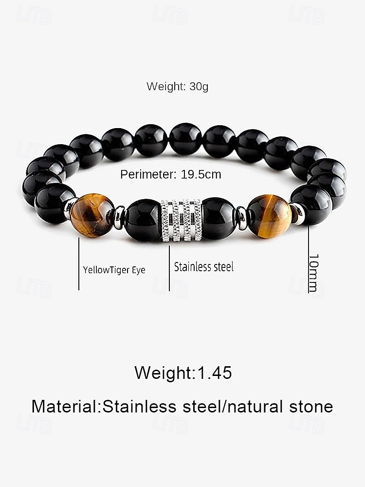 Men's Natural Stone and Stainless Steel Beaded Bracelet - Tiger Eye and Black Onyx - Stylish and Durable Accessory 2026 - $7.99 –P3