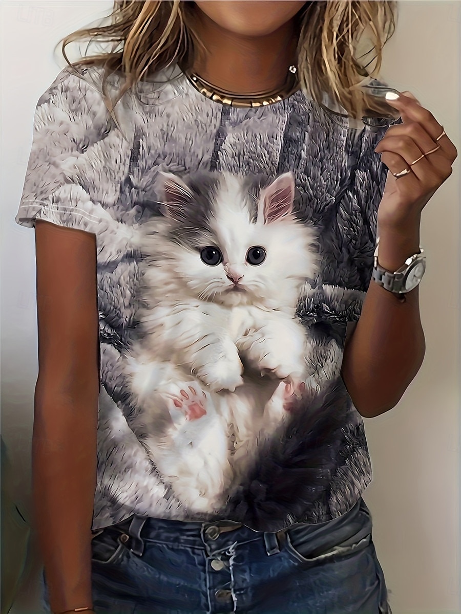 Women's T Shirt Casual Print Short Sleeve Regular Tops Daily White Purple Gray Summer 2025 - $19.99 –P7