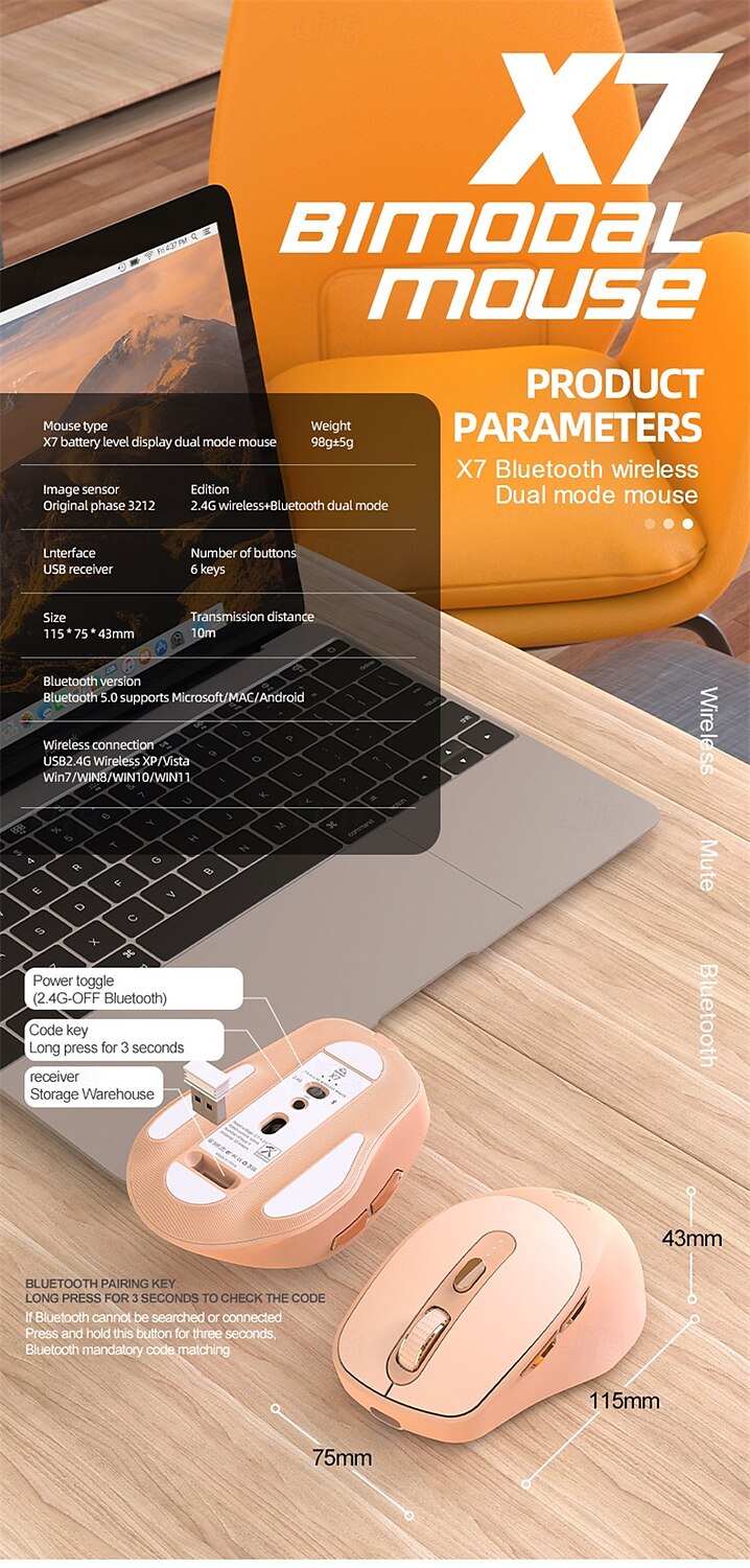 x7 oplaadbare draadloze Bluetooth-muismuizen met batterij-indicator 5 verstelbare dpi voor Windows Android Mac 2025 - $26.99 -P10