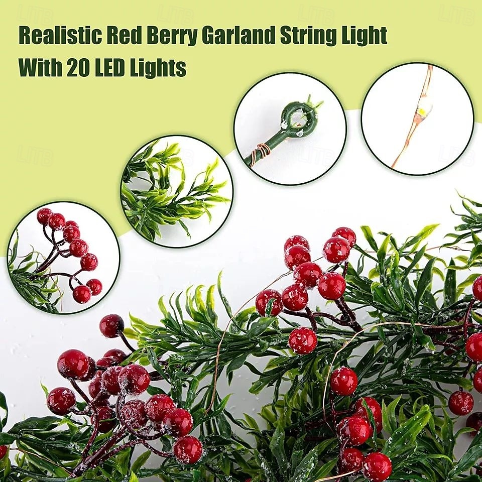 Christmas LED Red Fruit Cane Garland Lights Simulation Pine Branch Fairy Leaf String Light 1.8m 20LED Battery Powered Xmas Wedding Party Holiday Garden Home Decoration 2025 - $20.99 –P7