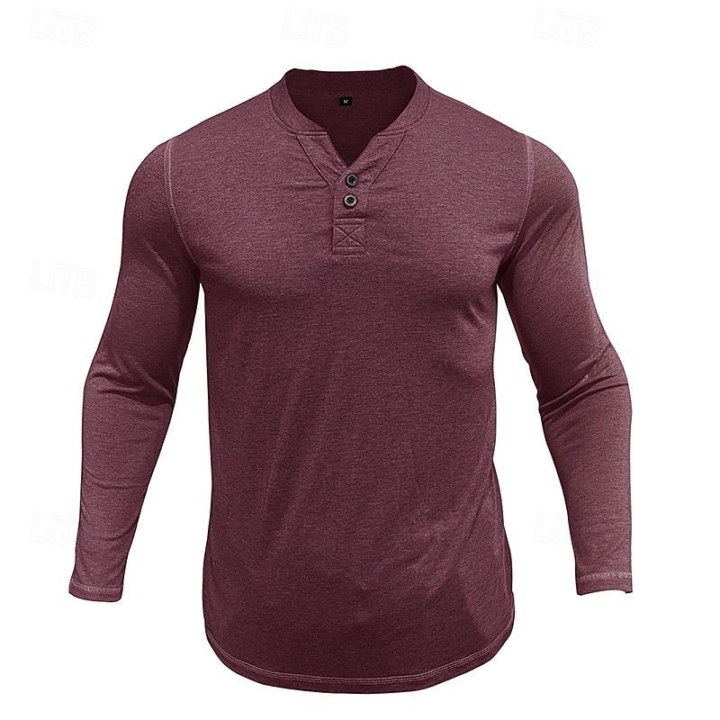 Herren T-Shirt mit Knöpfen T Shirt Henley Hemd T-Shirt Langarm Henley Frühling & Herbst Einfach Mode Designer Basic Urlaub Straße Ausgehen Meerblau Wein Blau Top T-Shirt für Herren 2025 - $26.99 –P11