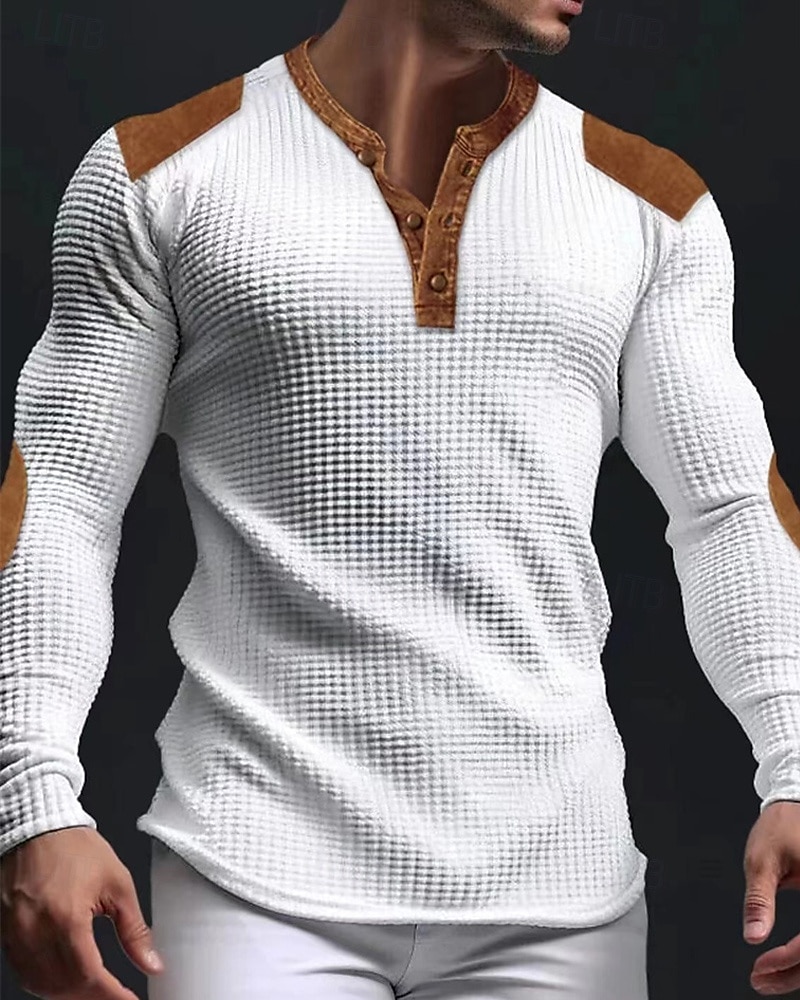 Men's Button T Shirt T Shirt Waffle Henley Shirt Henley Shirt Long Sleeve Henley Spring &  Fall Color Block Fashion Designer Basic Patchwork Vacation Street Going out Black White Navy Blue Top Tee 2025 - $19.99 –P2