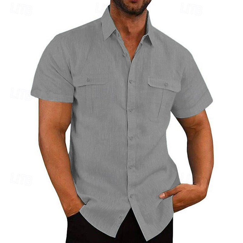Men's Shirt Linen Shirt Summer Shirt Beach Shirt Solid Color Vacation Daily Black White Navy Blue Blue Short Sleeve Turndown Spring Autumn / Fall Clothing Apparel Button-Down 2025 - GBP £16 –P10