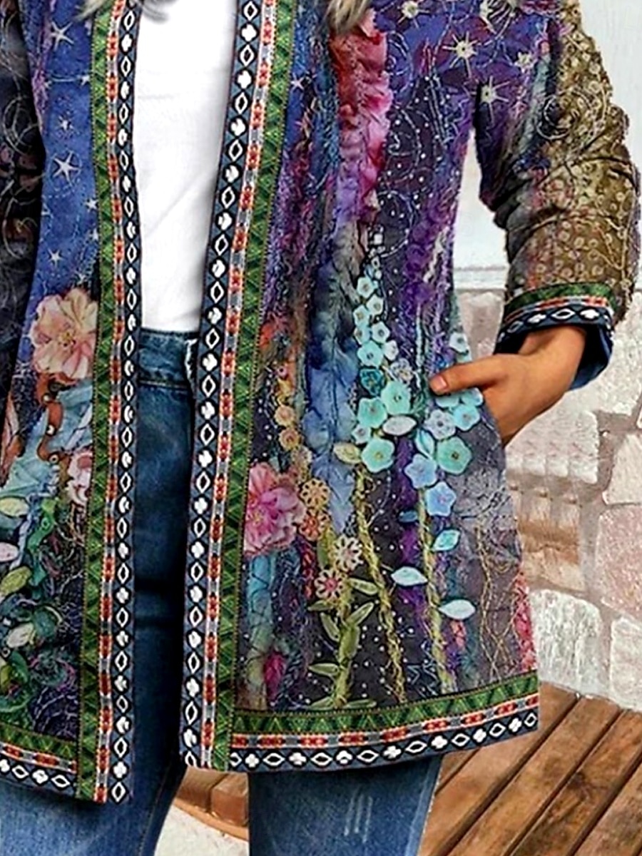 Dam Jacka Vardag Fyrkantig hals Mönster Blommig Ledigt / vardag Vintage Lös passning Ytterkläder Långärmad Vår Havsblå S 2025 - $27.99 –P2