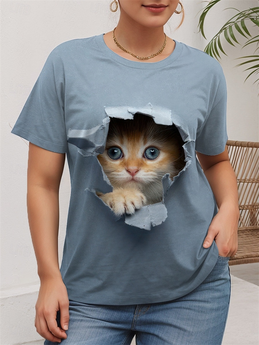 Women's Plus Size Tops T shirt Tee Cat Print Short Sleeve V Neck Casual Daily Summer White Blue 2025 - $19.99 –P1