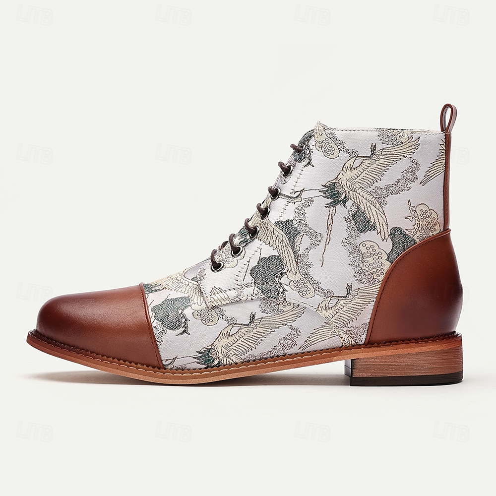 Botas con cordones y estampado de grullas vintage para hombre: botines de piel sintética y tejido jacquard con estilo retro para uso informal 2025 - $54.99 -P2
