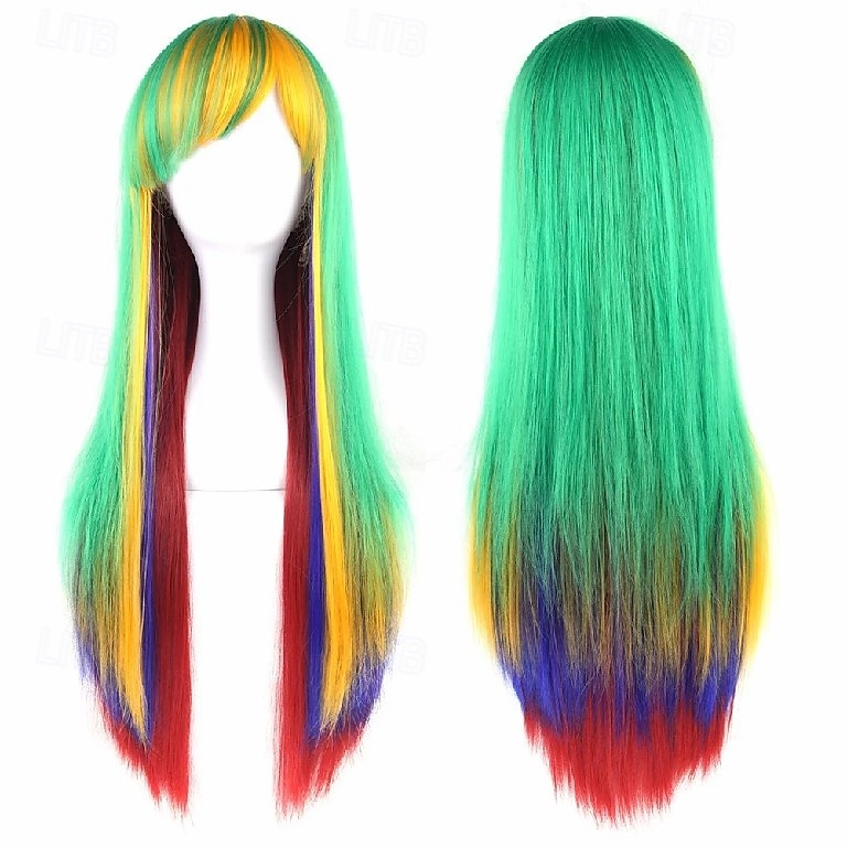 Parrucca ombre arcobaleno in capelli sintetici con frangia rossa gialla viola verde blu per donne nere Festa di Halloween Cosplay del 2025 a $15.99 –P7