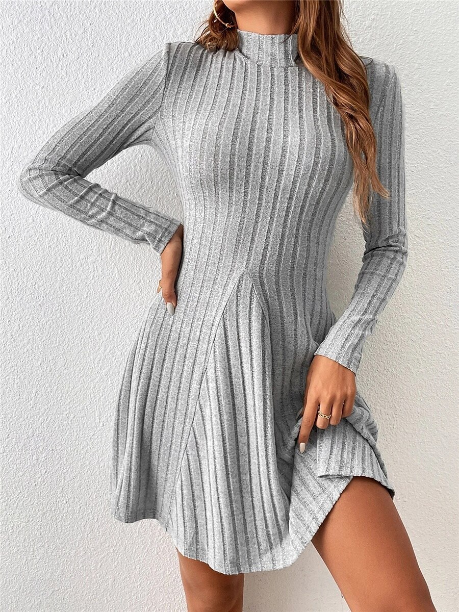 Damen Strickkleid Minikleid Gerippt Verabredung Strassenmode Basic Ständer Langarm Grau Farbe 2025 - $28.99 –P5